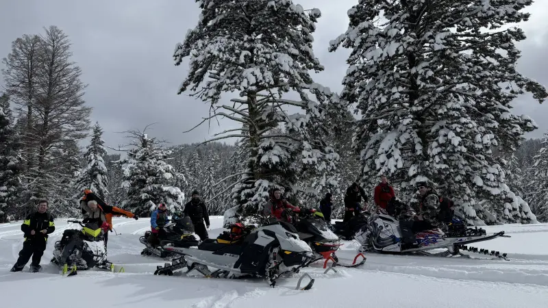 About ten riders standing and sitting with their snowmobiles in a snowy clearing beneath heavily snow-laden firs under an overcast sky.